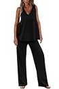 PRETTYGARDEN Women's 2 Piece Summer Tracksuits Sleeveless V Neck Tank Top Wide Leg Pants Casual Knit Outfit Sets (Black,X-Large)
