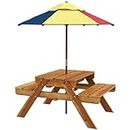 Outsunny Kids Picnic Table with Foldable Umbrella, 3 in 1 Sand and Water Activity Table with 2 Play Boxes, Removable Top, Outdoor Convertible Wooden Table & Bench Set for Patio, Backyard