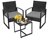Murago 3 Pieces Wicker Patio Bistro Sets, Rattan Conversation Set with Coffee Table, for Balcony, Porch, Garden, Yard, Poolside, Black Frame with Grey Cushion