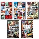 Waltractive GTA 5, GTA 4, GTA: SA, GTA: VC, GTA 3 Official Cover Posters - 8x12 Inches A4 Size Posters, Set of 5 - Perfect Addition for fans of Grand Theft Auto Series for Wall and Room Decoration