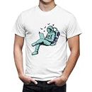 Seek Buy Love Astronaut Laptop Relaxation T-Shirt, Space Lover Casual Wear, Unisex Graphic Tee, Outer Space Themed Apparel, Comfortable Cotton Shirt (Large, White)