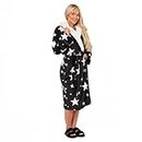 Dreamscene Womens Sherpa Lined Dressing Gown Stars, Warm Cosy Womens Dressing Gown with Hood Soft House Coat Women Ladies Dressing Gown, Black One Size