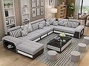 The Cozy Couch - Enamor Solid Sal Wood Interchangeable U Shape Latest Model Attractive Sectional Sofa Set Couch 12 Seater for Living Room, Set of 21 Items.Upholstery-Suede Fabric,Color-Light Grey.