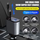Retractable 100W Car Charger USB Type- C For IPhone Android Fast Charge Adapter