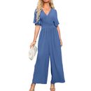 Womens Loose Overalls Jumpsuits One Piece Short Sleeves Wide Leg Pant Rompers
