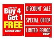 LEPPO Buy One Get One Free Sale Self Adhesive Laminated Poster & Stickers Use for Shops, Malls, Retail Stores Clearance Promotion Discount Deals - Combo Pack RED (Buy 4 Get 1, 1 Pc Qty)