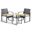 Gizoon 3 Pieces Patio Bistro Sets, Outdoor Rattan Conversation with Glass Table, Wicker Furniture Set with Cushion, for Backyard, Porch, Poolside, Lawn, Beige
