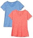 Amazon Essentials Women's Tech Stretch Short-Sleeve V-Neck T-Shirt (Available in Plus Size), Pack of 2, Coral Orange Space Dye/Light Blue Space Dye, X-Large