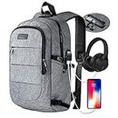 Tzowla Travel Laptop Backpack,Slim Durable Water Resistant Anti-Theft Bag with USB Charging/Headphone Port and Lock 15.6 Inch Computer Business for Women Men College School Bookbag -Grey