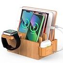 Bamboo Charging Station Organizer for Multiple Devices, Desktop Docking Stations Holder for Cell Phone, Tablet, SmartWatch & Earbuds Stand (Included 6 Cables) (➤No USB Charger)