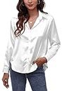 KEOYA Satin Blouse Tops Shiny Silk Like Shirt Office Work Business Blouse for Women Long Sleeve Button Down Shirt X-Large White