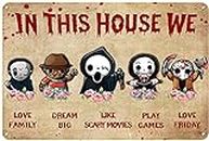 Targa in metallo retrò con scritta in lingua inglese "Horror Movies In This House We Love Family" in metallo poster Halloween horror personaggi Wall Art, pub, 30.5 cmx20.5 cm