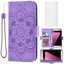 Asuwish Phone Case for Samsung Galaxy S7 Wallet Cover with Tempered Glass Screen Protector and Leather Flip Credit Card Holder Stand Flower Cell Accessories S 7 7s GS7 SM-G930V G930A Women Men Purple