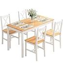 soges Pine Wood 5 Pieces Dining Table Set, Kitchen Table Set for 4, Dining Set with 4 Chairs, Nesting Furniture Set for Dining Room, Kitchen, Restaurant, White&Teak, 10QDLC023-WT-CA