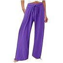 Womens Cotton Casual Loose Pants Comfy Work Pants with Elastic High Waist Paper Bag Drawstring Wide Leg Pants (Purple, XXXXXL)