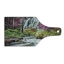 Lunarable Waterfall Cutting Board, Waterfall in Colorful Forest Bushes Feigned Stream Trees Grass, Decorative Tempered Glass Cutting and Serving Board, Wine Bottle Shape, Magenta Green Pale Brown