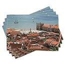 Ambesonne European Place Mats Set of 4, View of Central Lisbon Portugal with Rooftops and Sea Old Town Nostalgic City, Washable Fabric Placemats for Dining Table, Standard Size, Blue Salmon