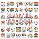 Qpout 48 PCS Glitter Pride Tattoos Arc-en-ciel Tatouages temporaires Shining Imperméable à l’eau Pride Flag Tattoo Autocollants pour femmes Hommes Rainbow Party favorise LGBT Pride Equality