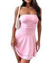 GRMLRPT Women Sexy Strapless Ruched Tube Mini Dress Sleeveless Backless Tiered Layered Ruffle Y2K Hem A-Line Short Party Dress,Pink,S