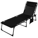 Yardenaler Foldable Chaise Lounge Chair with Detachable Pillow & Pocket, Outdoor Portable Tanning Chair with 4 Position Adjustable Back, Patio, Beach and Pool, Black