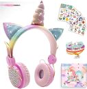 Girls Pink Unicorn Wired Headphones,Cute Cat Ear Kids Game Headset for Boys Teen