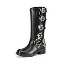 DREAM PAIRS Women's Knee High Riding Boots Slip On Motorcycle Boots Square Toe Chunky Heel Fashion Buckles Biker Boots,Size 9,BLACK,SDKB2416W