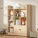DIYART Oak Kids Bookshelf, Kids Bookcase with 7 Cubbies and 2 Cabinets, Freestanding Book Storage Shelves for Bedroom, Playroom, Hallway