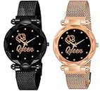 CERO Pack of 2 Analogue TAJ Queen Dial Luxury Magnetic Strap Girls and Woman's Wrist Watches (Black-Gold)