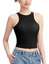 PUMIEY Black Tank Top for Women Sleeveless Womens Tops High Neck Racer Back Crop Tops, Jet Black Large