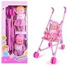 Little Hands Kids Stroller Baby Doll Toy with Real Moving StrollerToys Kids Baby Stroller with 2 Dolls Easily Foldable Baby Pram Trolley for Girls 55 cm Pink (2 Dolls with Pink Stroller)