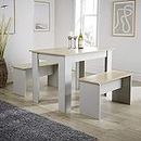 Home Source Camden Kitchen Dining Set, Table with 2 Benches to Seat 4, Oak Effect, Grey