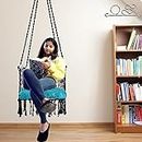 Patiofy Made in India Premium Cotton C-Swing Chair for Adults, Kids Hammock-Hanging Chair Swing with Blue Color Cushion and Accessories (Black-Blue)