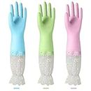 KAQ Dishwashing Cleaning Gloves 3 Pairs-Reusable Cotton Liner Rubber Gloves Long cuff 19.5" Non-Slip Kitchen Gardening Gloves