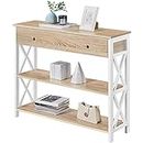 Yaheetech 3 Tiers Retro Console Table with Drawer and Open Shelves, Sofa Table with Storage for Living Room, Narrow Tall Console Table for Entryway, X Design, Light Oak