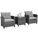 HAPPYGRILL 3 Pieces Patio Furniture Set Outdoor PE Rattan Conversation with Removable Cushions,Wicker Sofas Tempered Glass Side Table for Porch Lawn Garden Balcony Backyard, Mix Grey Rattan, One Size