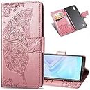 LEECOCO Samsung Galaxy A10 Case Premium PU Leather Flip Wallet Case Butterfly Embossed Full Body Protection Flip Stand Card Holder Magnetic Cover for Samsung Galaxy A10 Big Butterfly Rose Gold SD