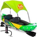 KP Inflatable Kayak 2 Person with Sun Canopy (Detachable) + Kayaks for Adults + 3rd Seat for Dog/Child + Waterproof Phone Bags + Adjustable Seats + Backrests + More + New Version