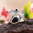 Hammered With Gold Plating Black Onyx Silver Band Ring for Men Christmas Gift