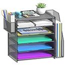 Samstar Mesh Desk Organizer, Paper Letter Tray with 5 Tier Racks Shelves,1 Extra Vertical File Sorter and Pen Holders for Office Supplies,Black
