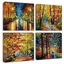 Yarou Art Colorful Landscape Oil Painting Wall Canvas Paintings Abstract Texture Rainbow Trees with Walking People Prints Pictures 4 Pieces Living Room Bedroom Artwork 12''x12''