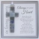 Always in Your Heart Sympathy Sentiment with Handmade in USA Glass Cross – Memorial Gift/Sympathy Gift for Loss of Family Member/Remembrance Ornament/Bereavement Gift/Condolence Gift (Grey)