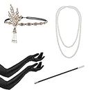 nuoshen 4 Pieces 1920 Accessories Set, 1920s Fashion Flapper Headband Cigarette Holder Long Gloves Pearl Necklace Great Gatsby Accessories for Women
