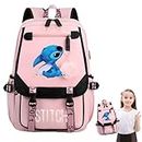 Stit-ch Stuff Anime Cartoon Backpack for Girls and Boys with USB Port, Large Capacity Laptop Travel Backpack, Cosplay Bookbag (Pink)