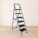 Plantex Heavy-Duty Mild-Steel - 6 Wide Step Ladder for Home with Advanced Locking System - 5 Years of Manufacturing (Black & Blue)
