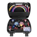 AURELIO TECH 2020 UPGRATE Version 4 Way A/C Manifold Gauge Set Fits R134A R410A R404A R22 Refrigerants with 5FT Hose, 3 Acme Tank Adapters, Adjustable Couplers and Can Tap