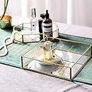 Ruhi Collections Square Glass with Brass Rim Mirror Base Vanity Tray for Home Decor Jewellery Organiser, Small, Gold