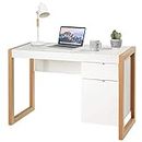 Tangkula Computer Desk with Storage Cabinet & Drawer, White Wooden Home Office Desk, PC Laptop Workstation Study Writing Desk with Smooth Surface, Ideal for Home Office (White & Natural)