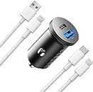 Everdigi iPhone Car Charger 38W/3A USB C Fast Charge, Dual-port QC3.0 Mini Cigarette Lighter Adapter and 2Pack 1M Lightning Cables,Compatible with iPhone 14/13/12/11/XR/X/8/7/6,iPad Pro/Air