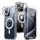 TAURI 5 en 1 Magnétique Coque Compatible avec iPhone 15 Pro avec 2 Protecteurs d'écran + 2 Caméra Arrière Protecteur [Compatible avec Mag-Safe ] -Coque Mince 6,1 Pouces-Transparent