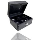Requisite Needs Metal Money Box Tin 6" Steel Cash Safe Box Petty Cash Deposit Tin with Lock 2 Keys for Security (BLACK)